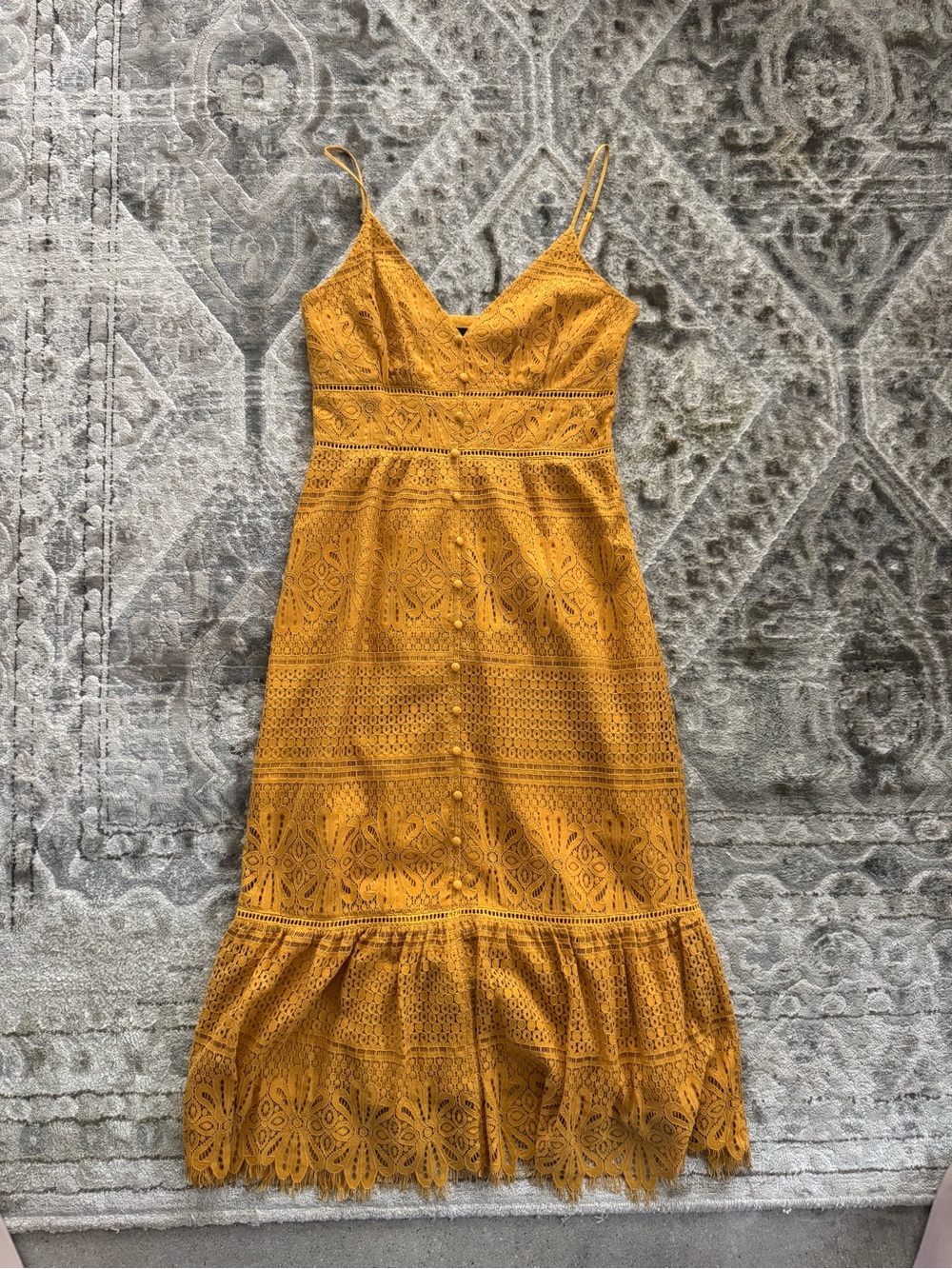 Lulus Robyn Mustard Yellow Spaghetti Strap Lace Button-Up Midi Dress - Picture 4 of 9